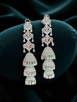 Triple Jhumka CZ Drop Earrings – Designer Tiered Danglers with Mint Green Accents - Libasaa.com