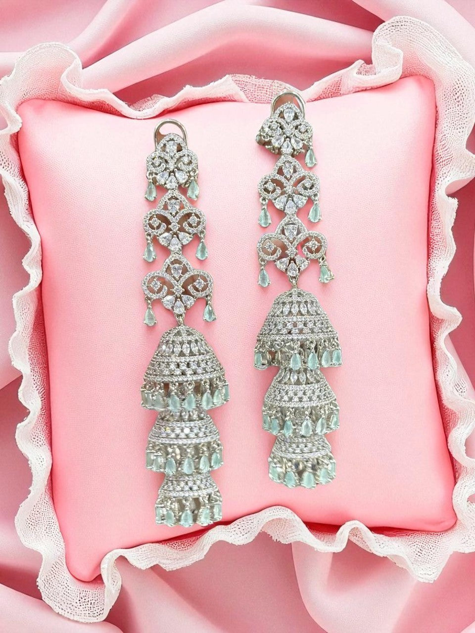 Triple Jhumka CZ Drop Earrings – Designer Tiered Danglers with Mint Green Accents - Libasaa.com