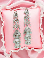 Triple Jhumka CZ Drop Earrings – Designer Tiered Danglers with Mint Green Accents - Libasaa.com
