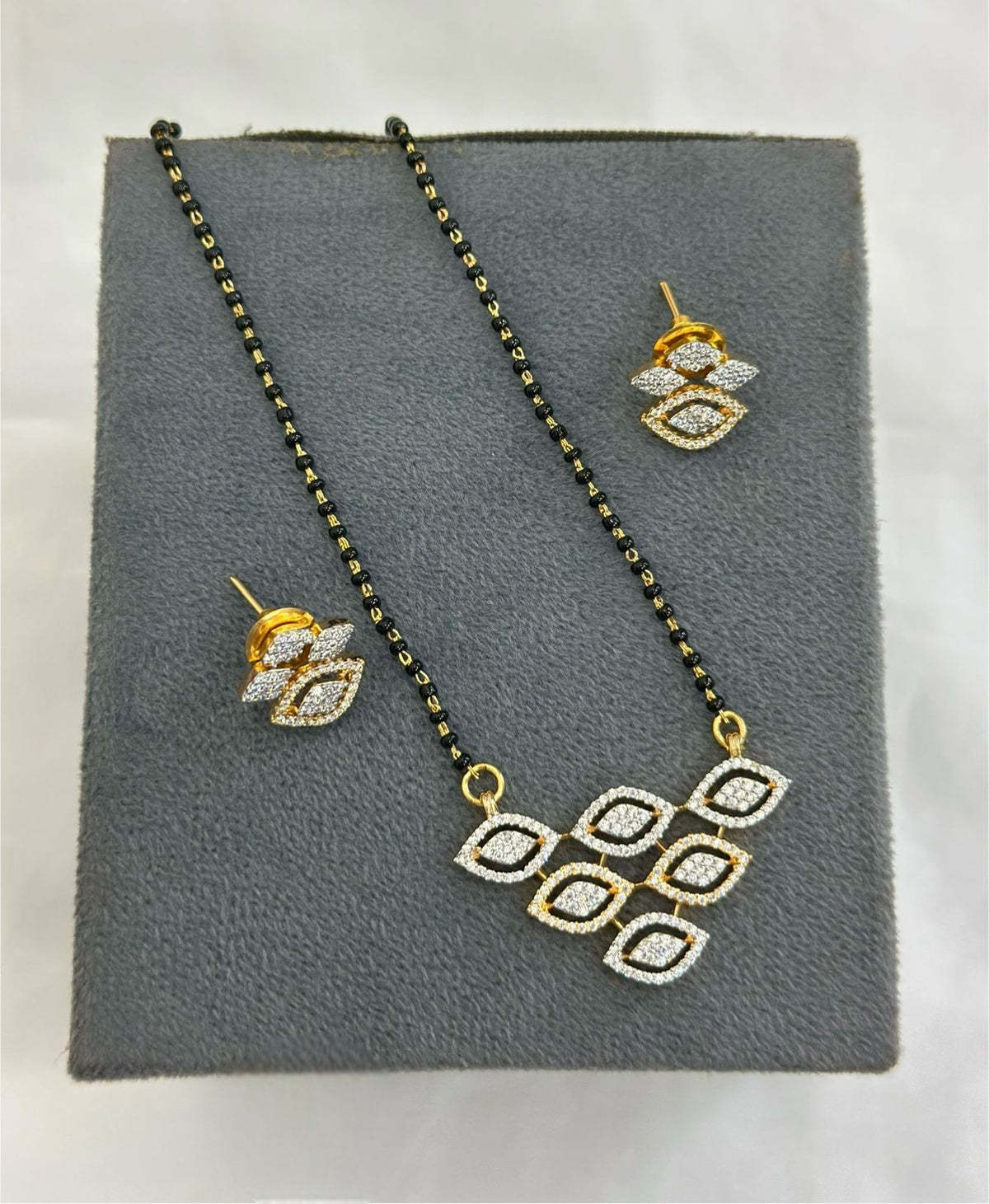 Geometric Cluster CZ Mangalsutra Set with Matching Stud Earrings - Libasaa.com