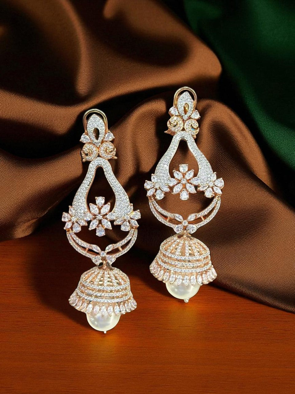 Floral CZ Jhumka Earrings with Pearl Drop Elegant Bridal Danglers in Silver Finish - Libasaa.com