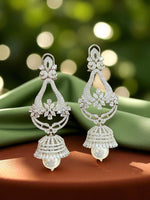Floral CZ Jhumka Earrings with Pearl Drop Elegant Bridal Danglers in Silver Finish - Libasaa.com
