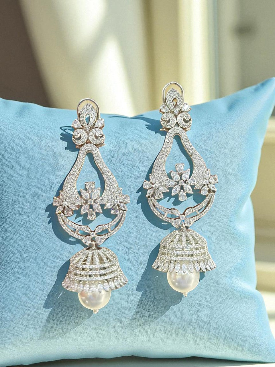 Floral CZ Jhumka Earrings with Pearl Drop Elegant Bridal Danglers in Silver Finish - Libasaa.com