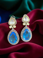 Royal Blue Teardrop Kundan Earrings β CZ Studded Statement Danglers with Gold Detailing - Libasaa.com