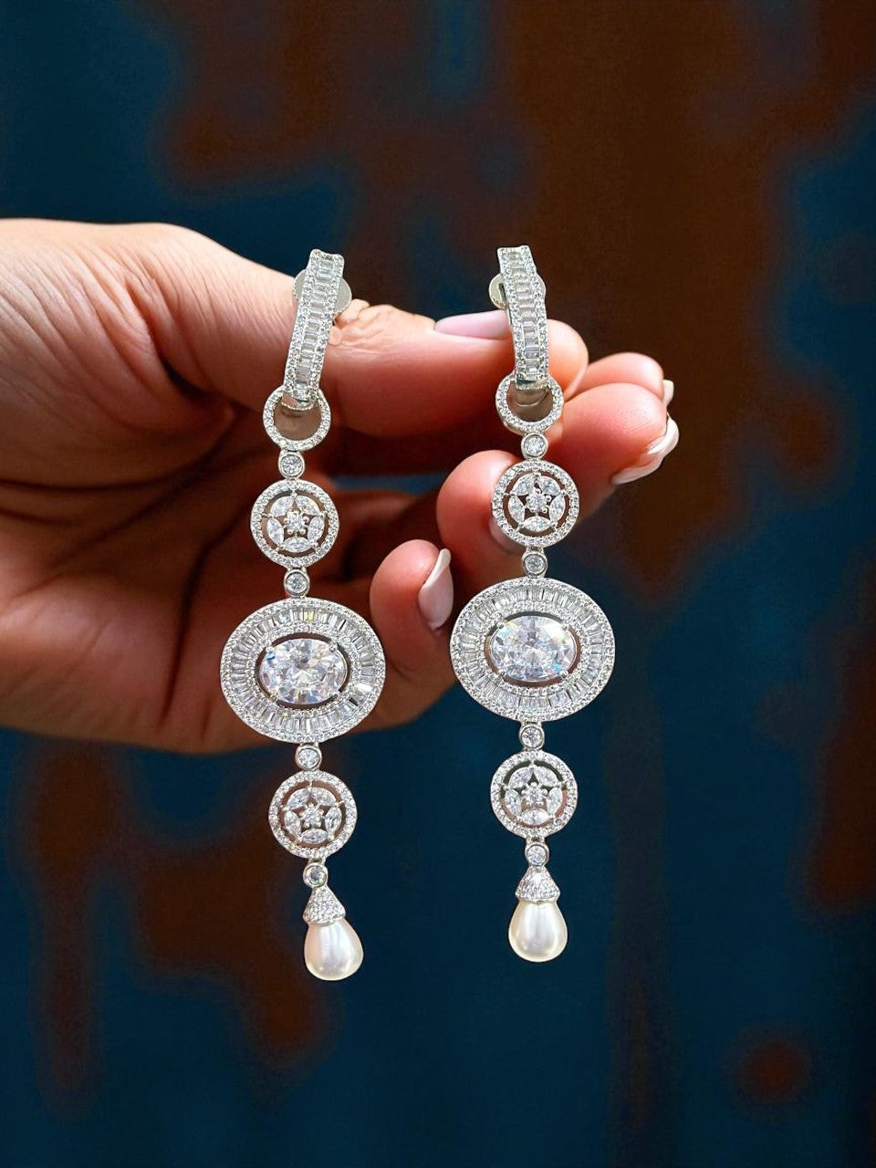 Crystal Oval Drop Earrings with Pearl – Elegant CZ Danglers for Modern Ethnic Looks - Libasaa.com