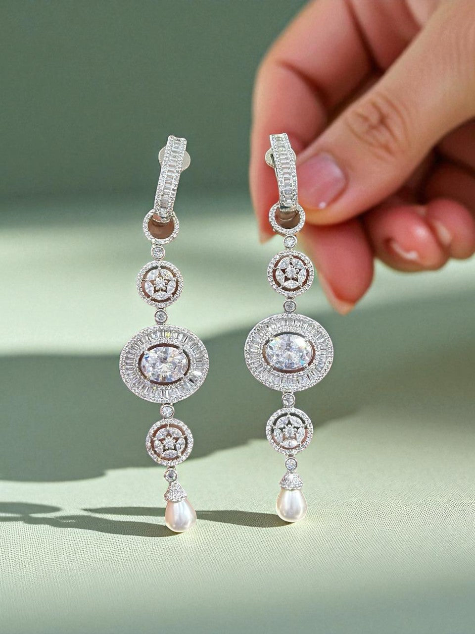 Crystal Oval Drop Earrings with Pearl – Elegant CZ Danglers for Modern Ethnic Looks - Libasaa.com