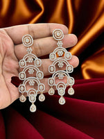 Art Deco CZ Statement Earrings – Multi-Layered Geometric Danglers in Silver Finish - Libasaa.com