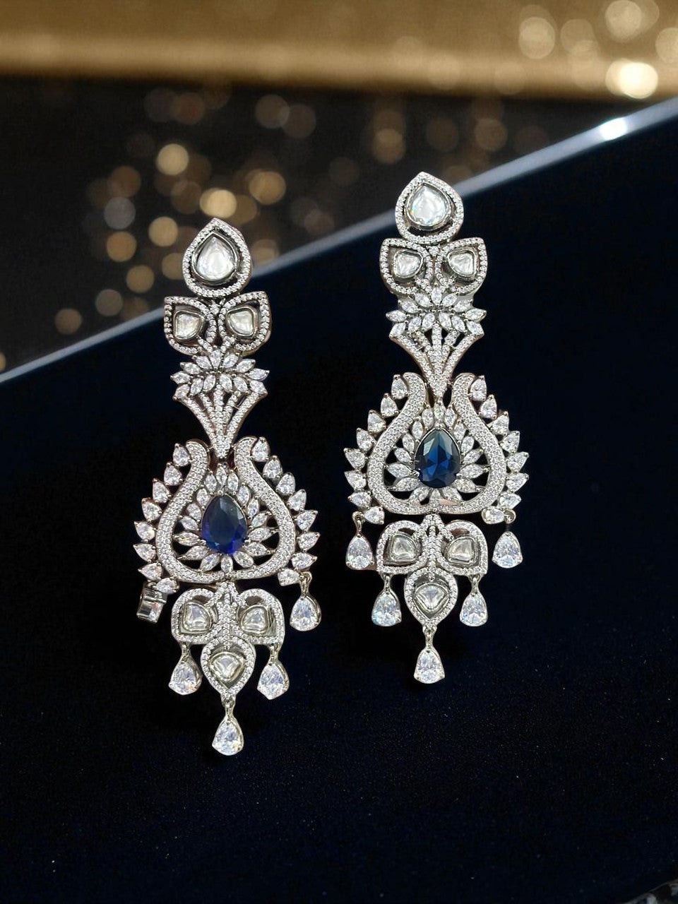 Blue Sapphire & Kundan CZ Earrings – Royal Teardrop Danglers with Antique Finish - Libasaa.com