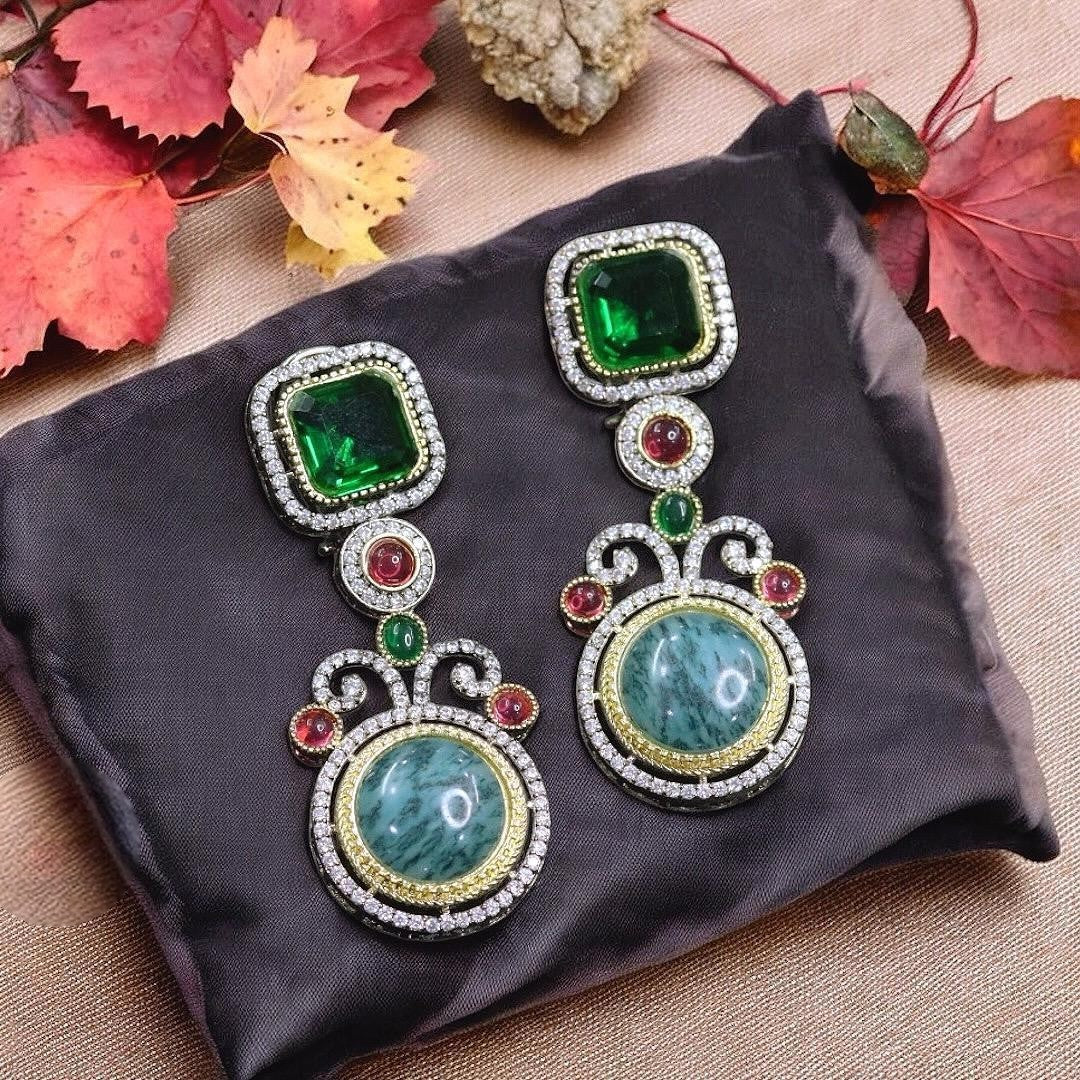 Emerald Green Square & Teal Round Stone Dangler Earrings Designer Statement Jewelry - Libasaa.com