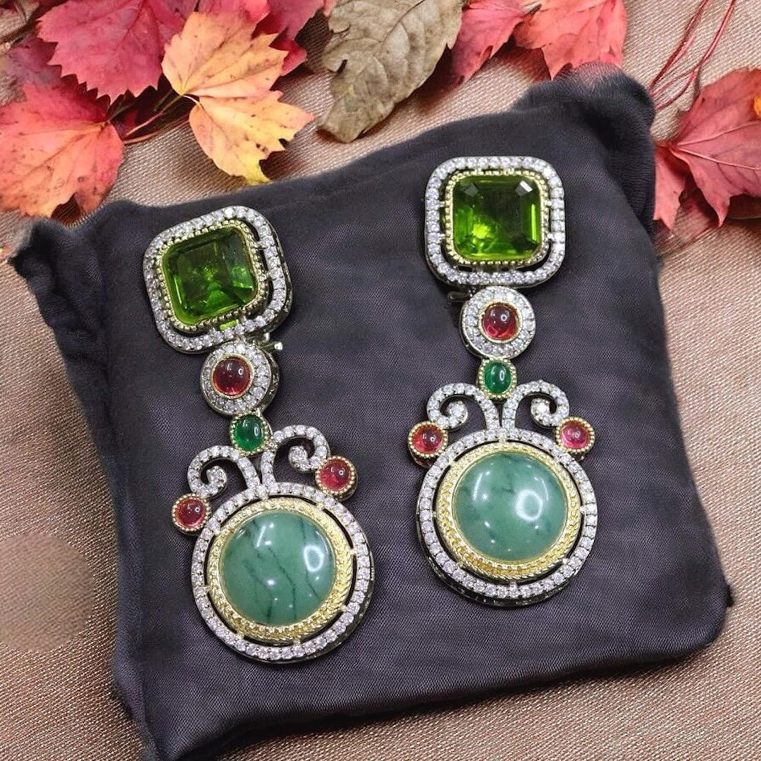Emerald Green Square & Teal Round Stone Dangler Earrings Designer Statement Jewelry - Libasaa.com