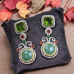 Emerald Green Square & Teal Round Stone Dangler Earrings Designer Statement Jewelry - Libasaa.com