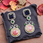 Emerald Green Square & Teal Round Stone Dangler Earrings Designer Statement Jewelry - Libasaa.com