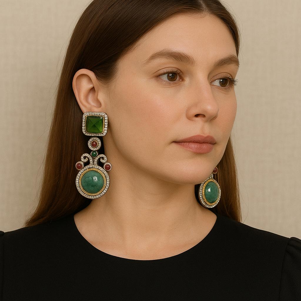 Emerald Green Square & Teal Round Stone Dangler Earrings Designer Statement Jewelry - Libasaa.com