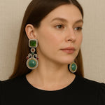 Emerald Green Square & Teal Round Stone Dangler Earrings Designer Statement Jewelry - Libasaa.com