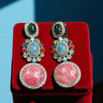 Multicolor Gemstone Dangler Earrings with Pink Stone Centerpiece Statement Handmade Jewelry - Libasaa.com