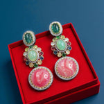 Multicolor Gemstone Dangler Earrings with Pink Stone Centerpiece Statement Handmade Jewelry - Libasaa.com