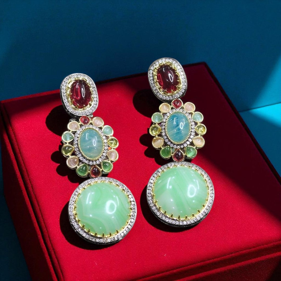 Multicolor Gemstone Dangler Earrings with Pink Stone Centerpiece Statement Handmade Jewelry - Libasaa.com