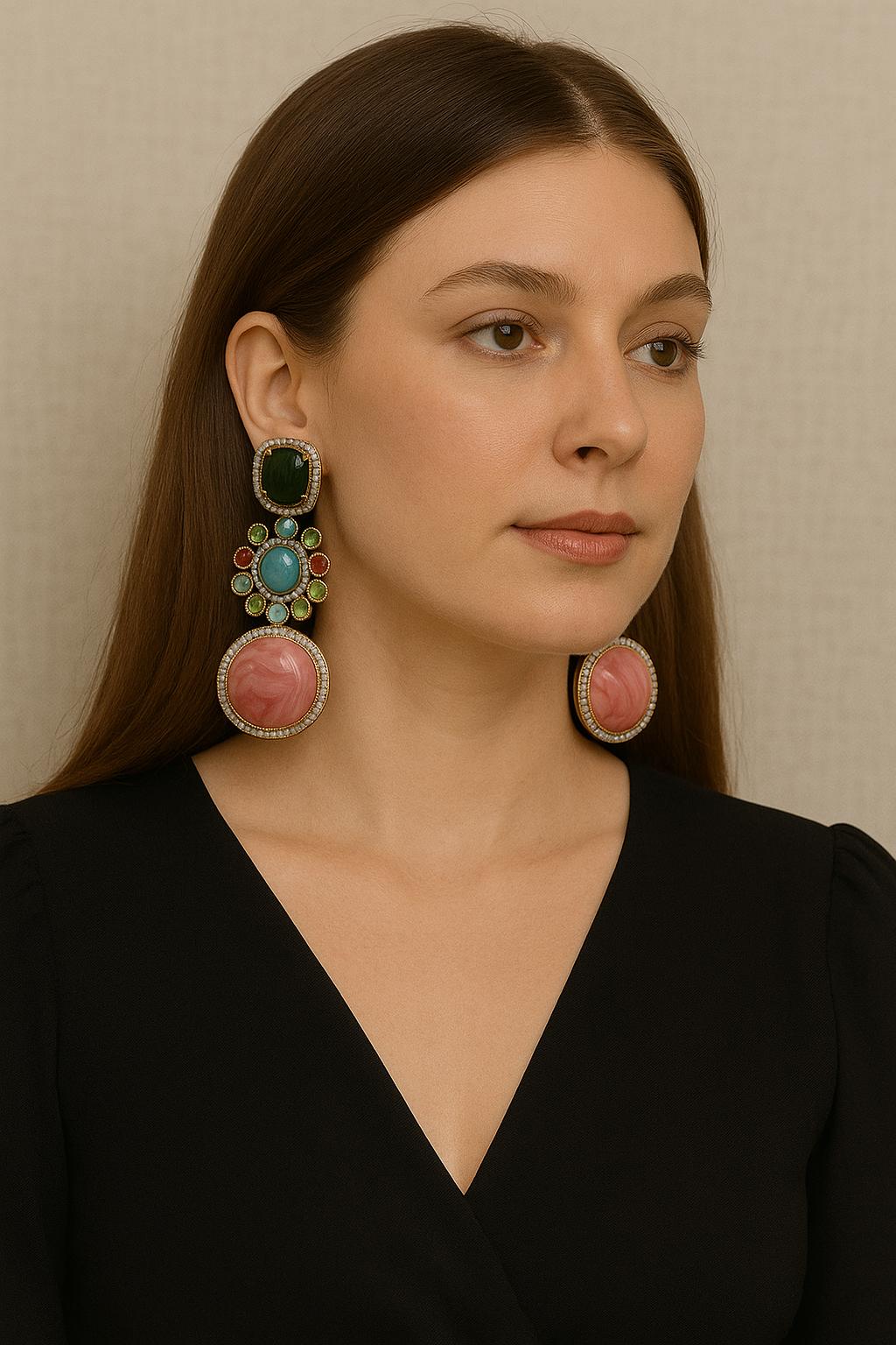 Multicolor Gemstone Dangler Earrings with Pink Stone Centerpiece Statement Handmade Jewelry - Libasaa.com