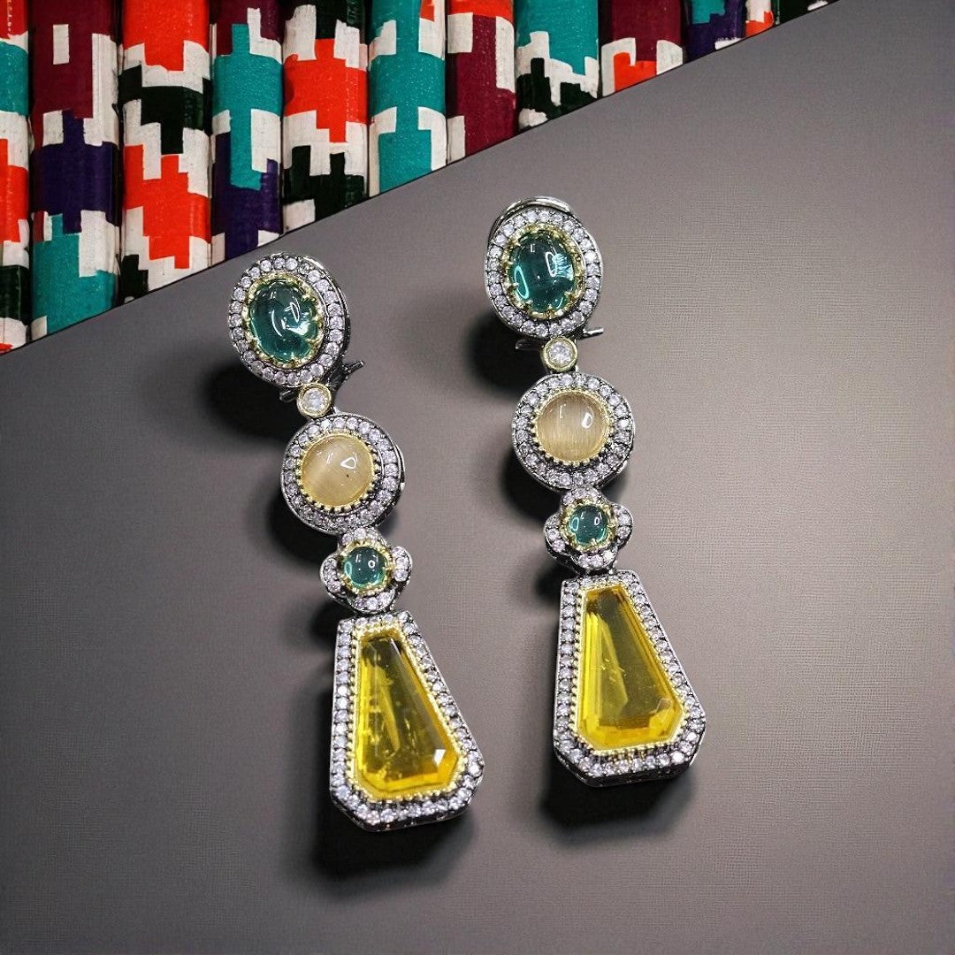 Bold Geometric Multi-Stone Drop Earrings Emerald Green, Champagne & Yellow Crystal Dangler - Libasaa.com