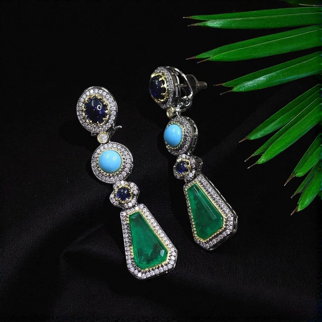Bold Geometric Multi-Stone Drop Earrings Emerald Green, Champagne & Yellow Crystal Dangler - Libasaa.com