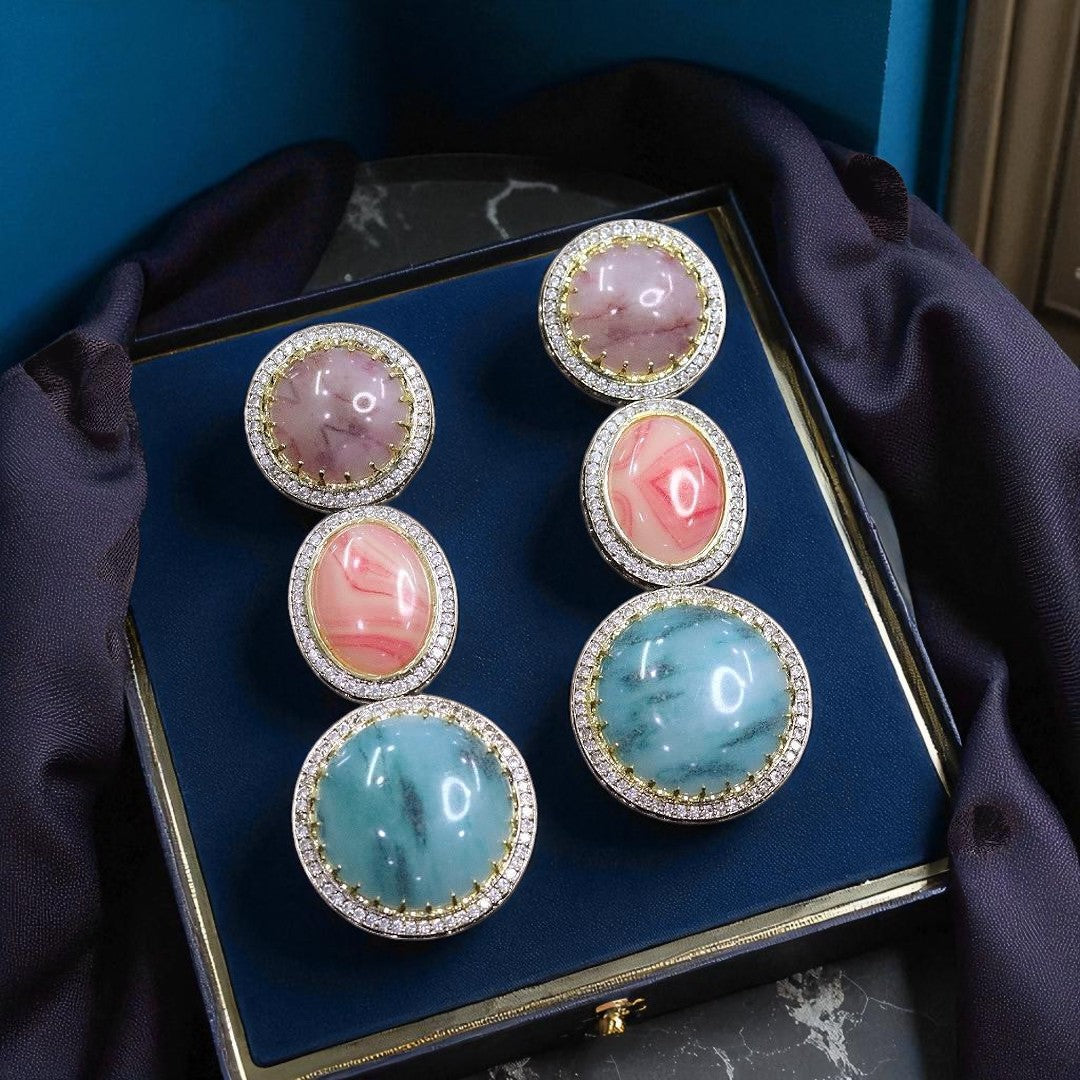 Elegant Triple Gemstone Drop Earrings Pink, Mauve & Aqua Blue Stone Danglers with CZ Accents - Libasaa.com