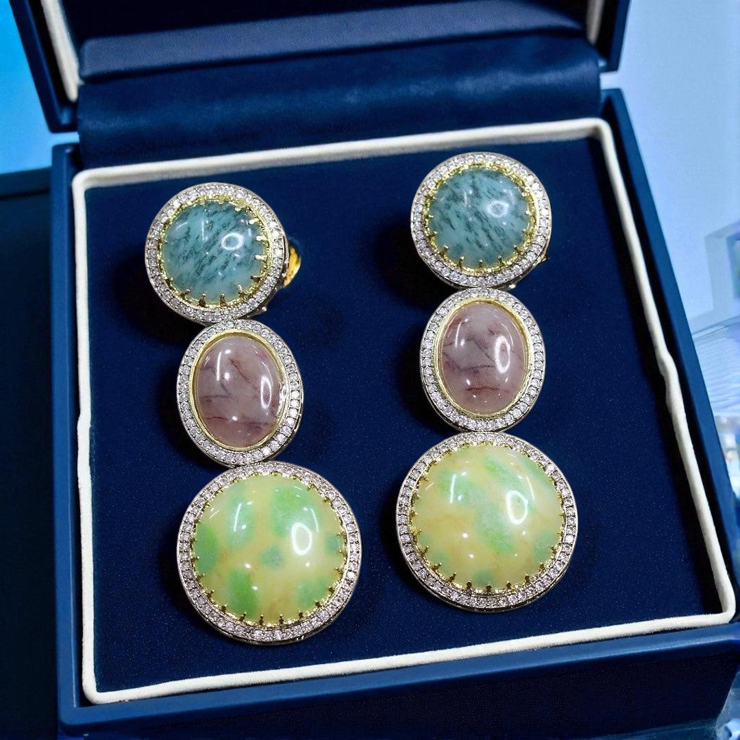 Elegant Triple Gemstone Drop Earrings Pink, Mauve & Aqua Blue Stone Danglers with CZ Accents - Libasaa.com