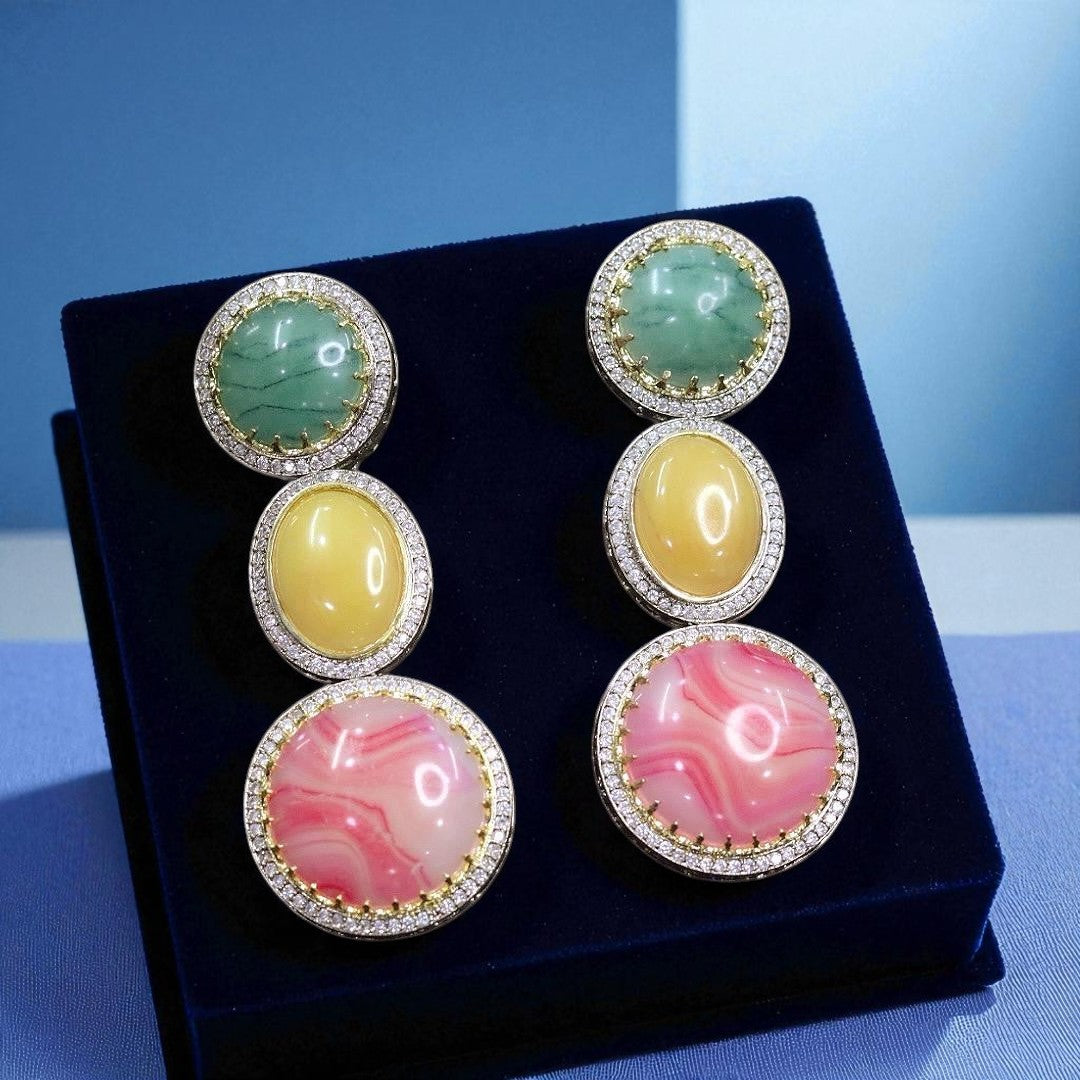 Elegant Triple Gemstone Drop Earrings Pink, Mauve & Aqua Blue Stone Danglers with CZ Accents - Libasaa.com