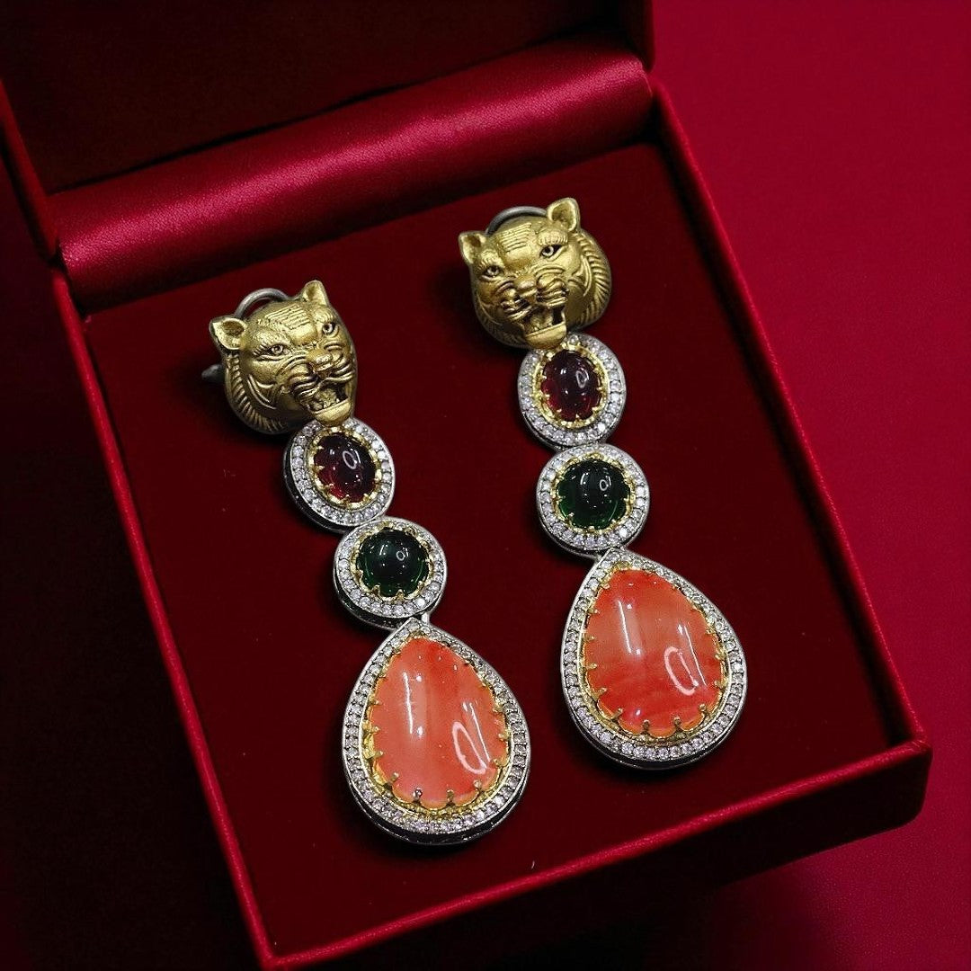 Luxury Panther Head Statement Earrings with Green, Pink & Purple Gemstones - Libasaa.com
