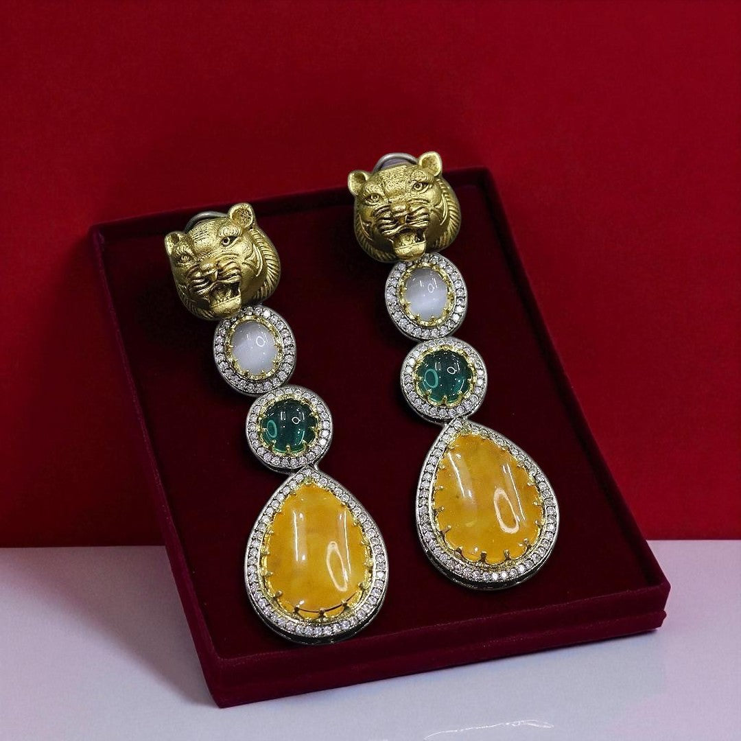 Luxury Panther Head Statement Earrings with Green, Pink & Purple Gemstones - Libasaa.com