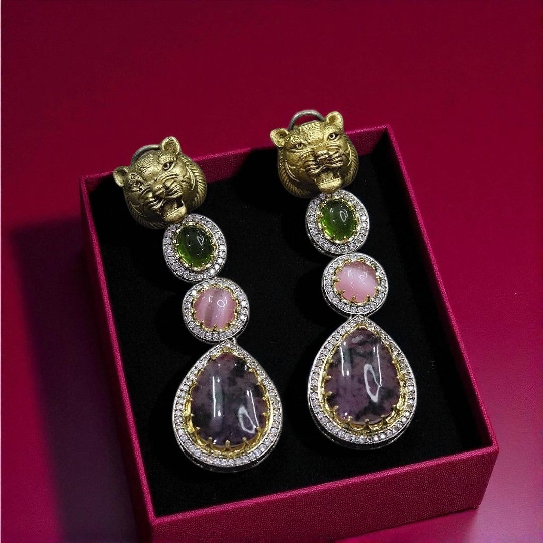 Luxury Panther Head Statement Earrings with Green, Pink & Purple Gemstones - Libasaa.com