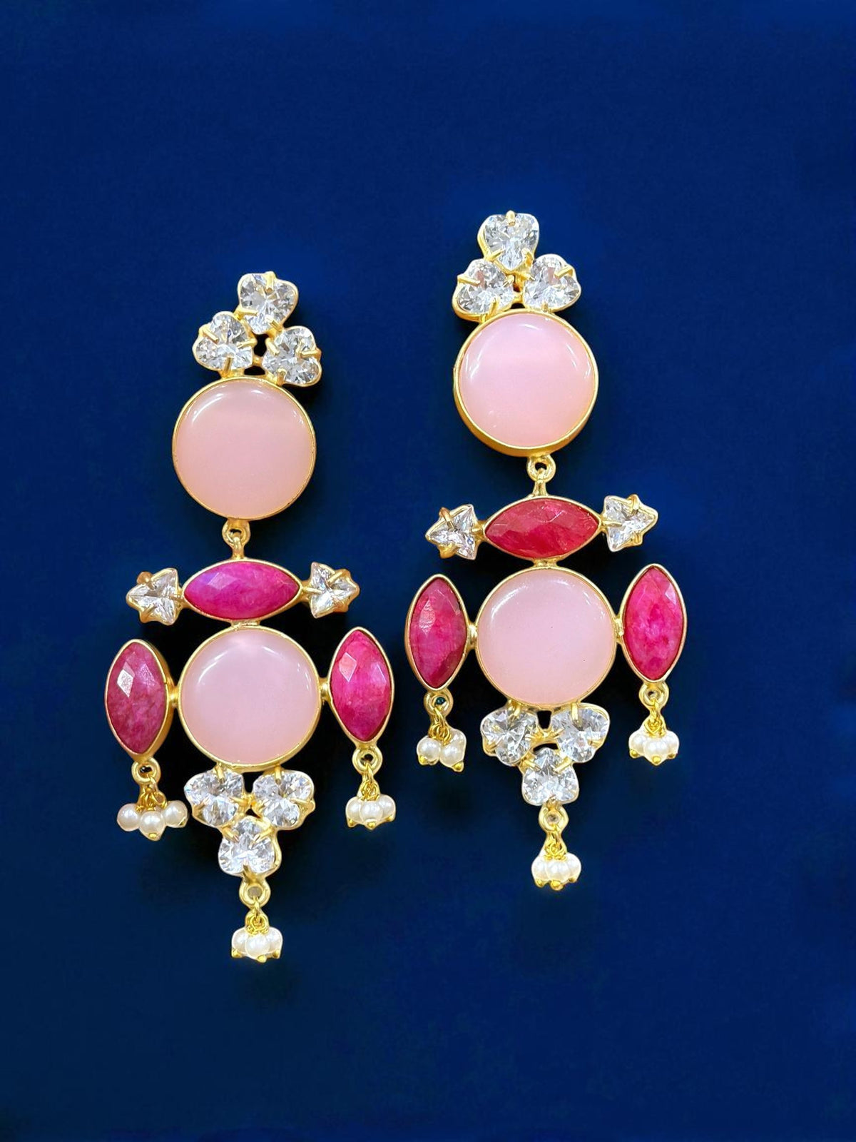 Elegant Pink & Ruby Red Stone Dangler Earrings with Pearl Drops - Libasaa.com