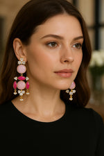 Elegant Pink & Ruby Red Stone Dangler Earrings with Pearl Drops - Libasaa.com