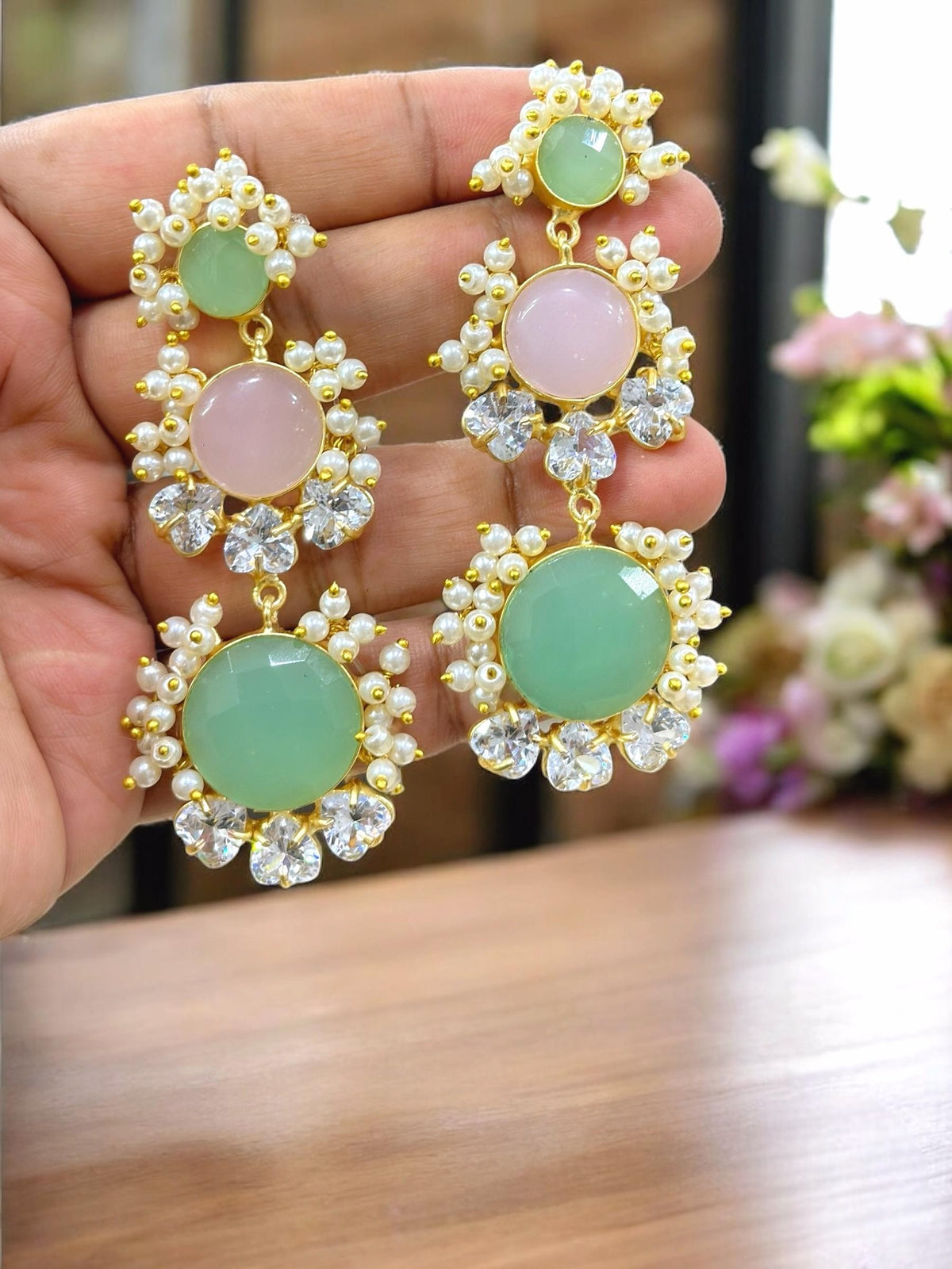 Pastel Green & Pink Stone Long Earrings with Pearl Beads & CZ Accents - Libasaa.com