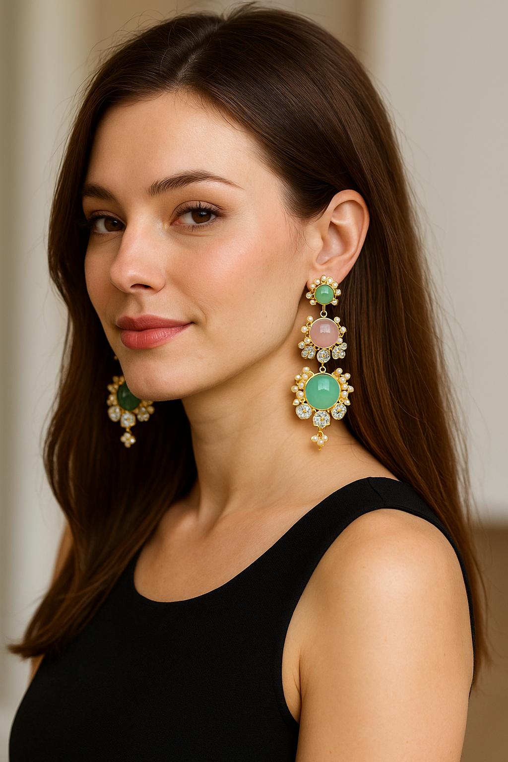 Pastel Green & Pink Stone Long Earrings with Pearl Beads & CZ Accents - Libasaa.com