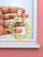 Pastel Green & Pink Circular Hoop Earring with Pearl Beads & CZ Stones - Libasaa.com