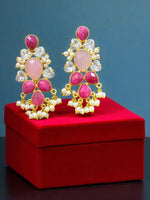 Rose Pink & Ruby Drop Earrings with CZ Stones & Pearl Bead Danglings - Libasaa.com