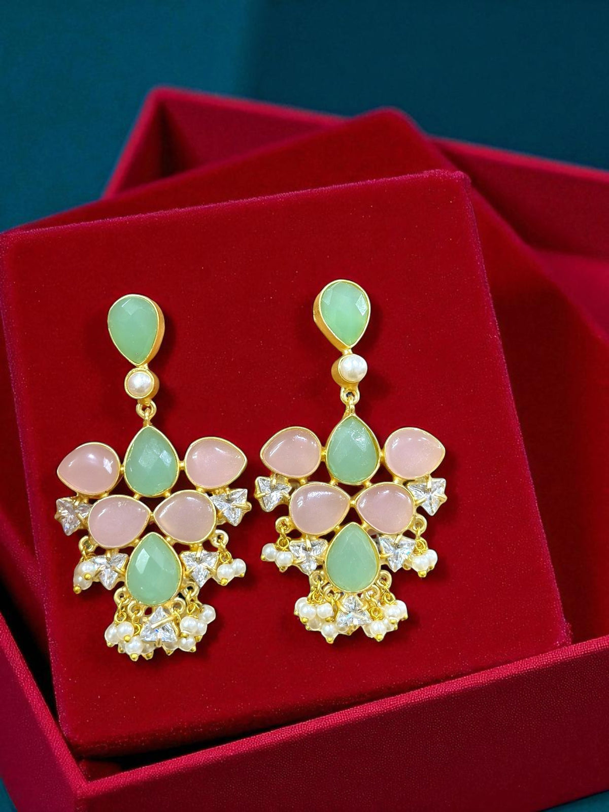 Mint Green & Baby Pink Teardrop Earrings with CZ Accents & Pearl Danglings - Libasaa.com
