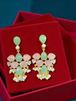 Mint Green & Baby Pink Teardrop Earrings with CZ Accents & Pearl Danglings - Libasaa.com