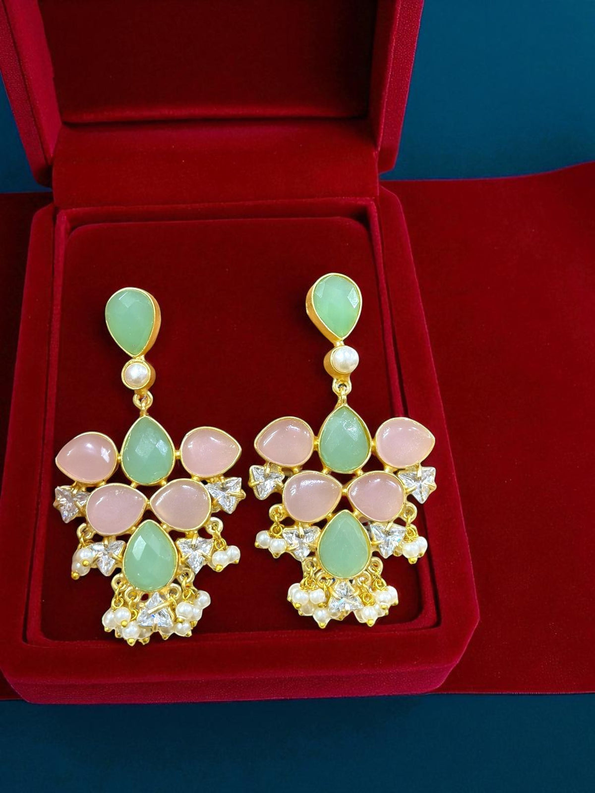 Mint Green & Baby Pink Teardrop Earrings with CZ Accents & Pearl Danglings - Libasaa.com