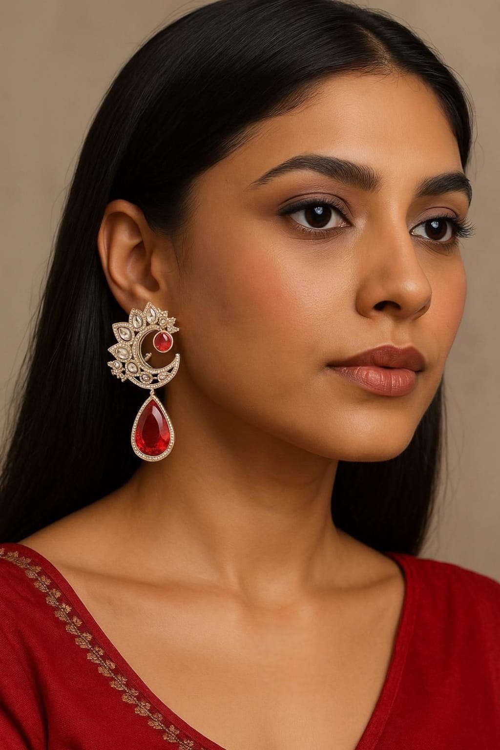 Red Crescent Kundan Drop Earrings – Designer Statement Jewelry - Libasaa.com