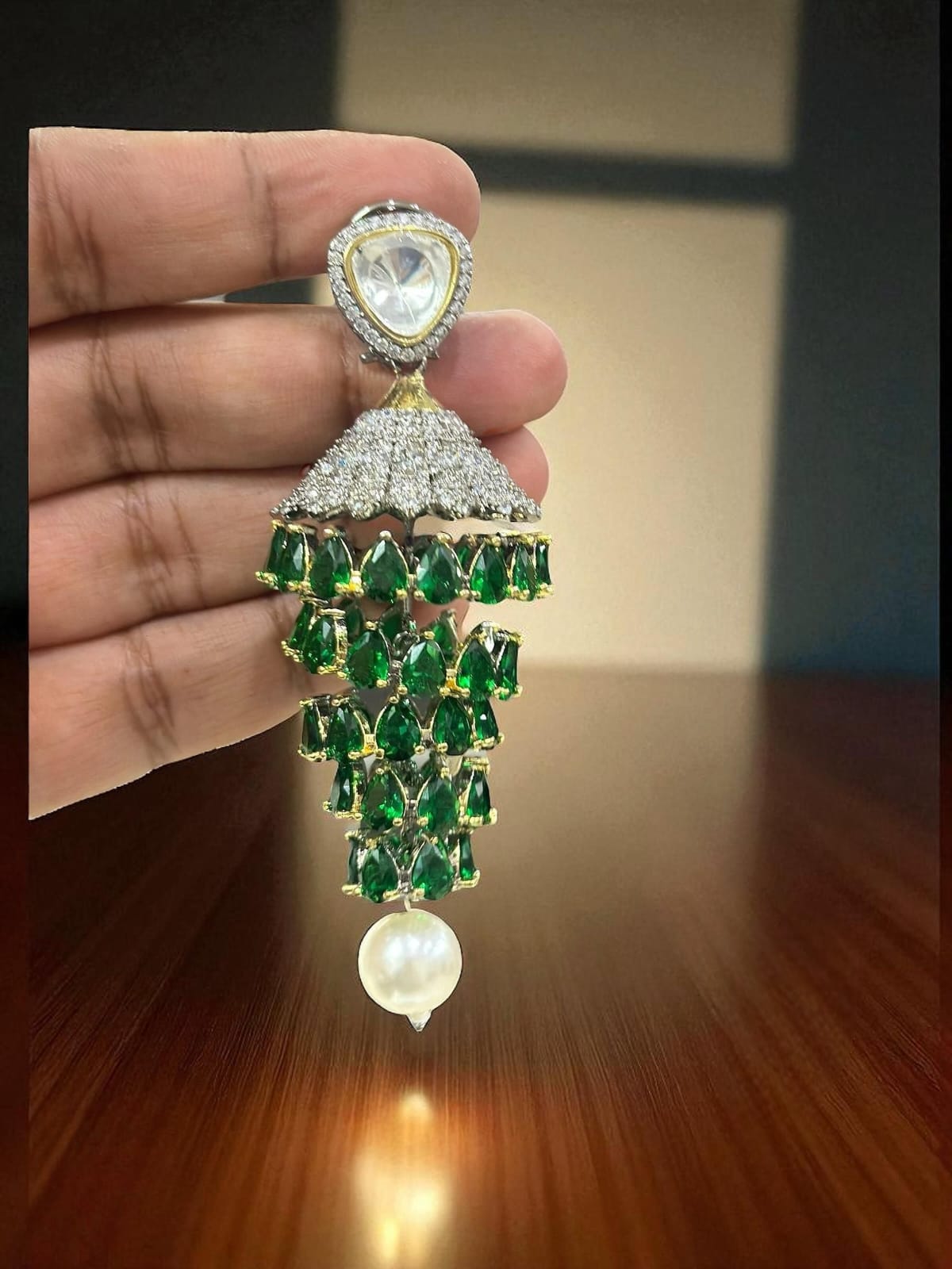 Alia Bhatt Inspired Emerald Jhumka Earrings with Pearl Drop & Mirror Work Bridal Statement Jewelry - Libasaa.com