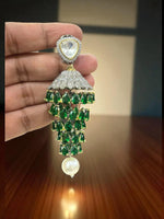 Alia Bhatt Inspired Emerald Jhumka Earrings with Pearl Drop & Mirror Work Bridal Statement Jewelry - Libasaa.com