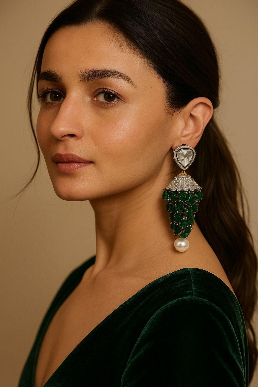 Alia Bhatt Inspired Emerald Jhumka Earrings with Pearl Drop & Mirror Work Bridal Statement Jewelry - Libasaa.com