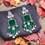 Nita Ambani Inspired Emerald & Diamond Look Dangler Earrings Royal Bridal Statement Jewelry - Libasaa.com