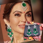 Nita Ambani Inspired Emerald & Diamond Look Dangler Earrings Royal Bridal Statement Jewelry - Libasaa.com