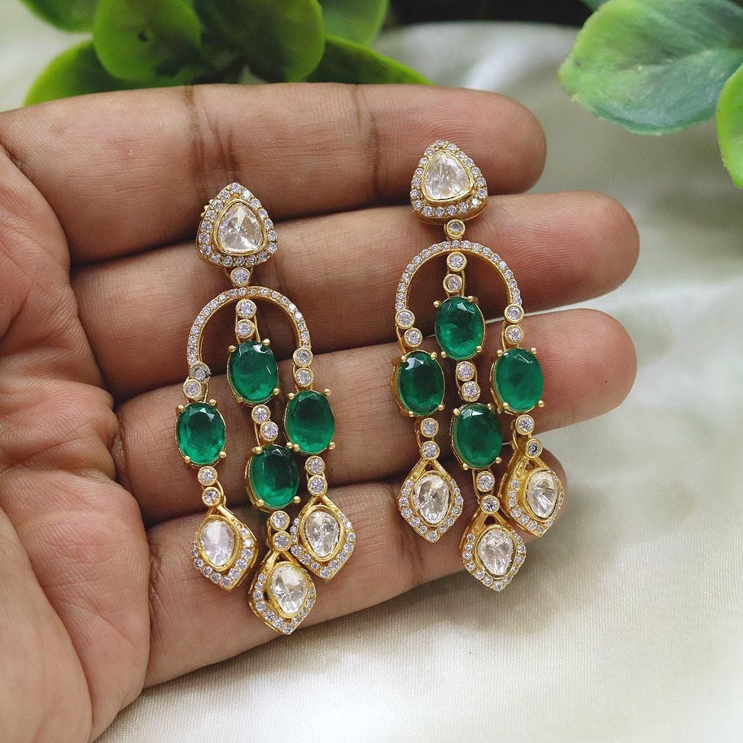 Emerald & Polki Diamond Drop Earrings Gold-Plated Bridal Statement Jewelry - Libasaa.com
