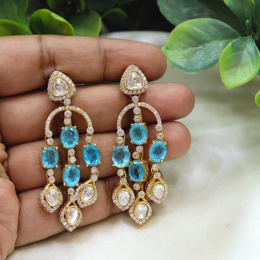 Emerald & Polki Diamond Drop Earrings Gold-Plated Bridal Statement Jewelry - Libasaa.com