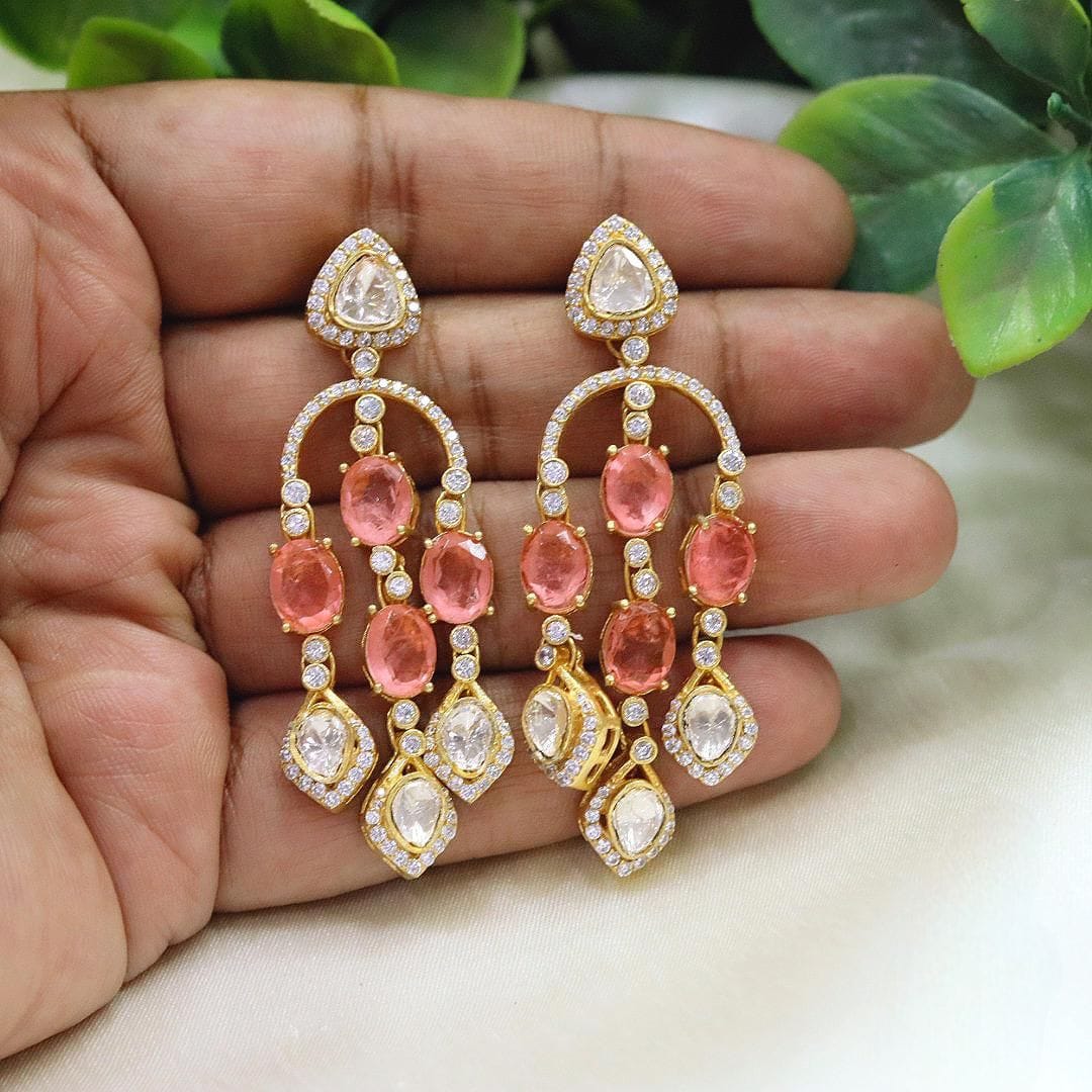 Emerald & Polki Diamond Drop Earrings Gold-Plated Bridal Statement Jewelry - Libasaa.com