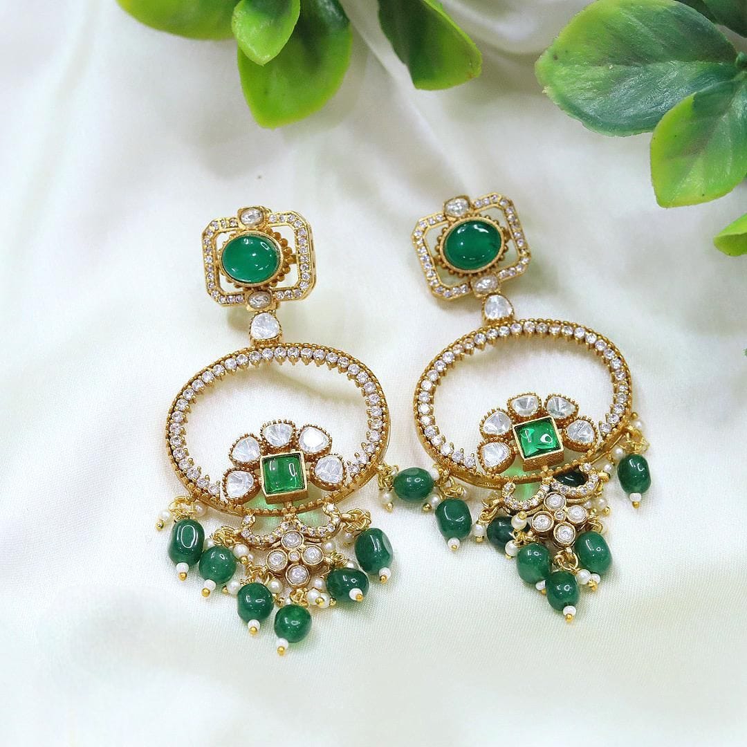 Elegant Ruby & Polki Drop Earrings with Crystal Beads Gold Finish Bridal Statement Jewelry - Libasaa.com