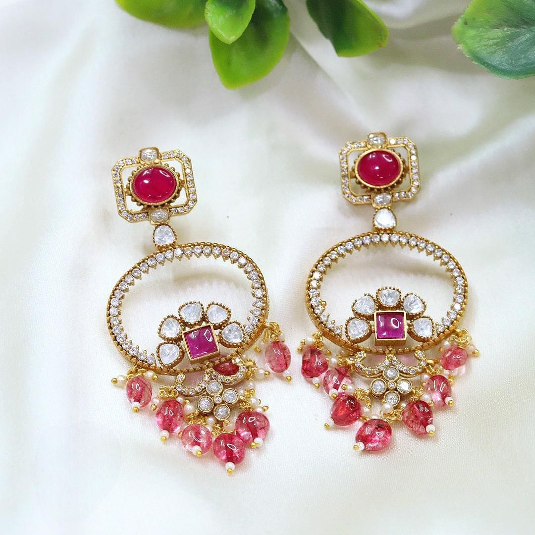Elegant Ruby & Polki Drop Earrings with Crystal Beads Gold Finish Bridal Statement Jewelry - Libasaa.com